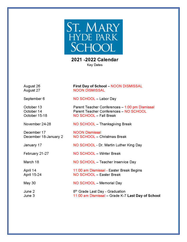 St. Mary School Hyde Park School Calendar